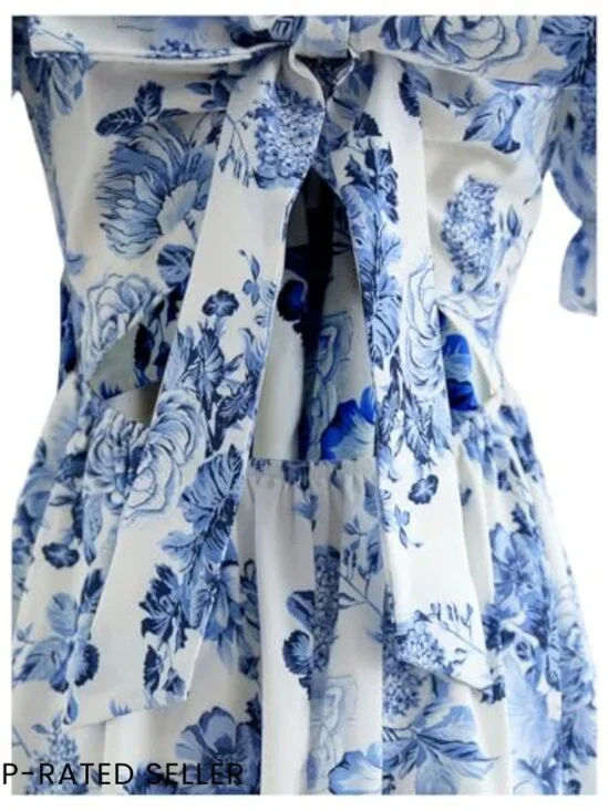 Floral Bowknot Back A-Line Dress Square Neck Puff Sleeve Smocked Vacation - Picture 4 of 5